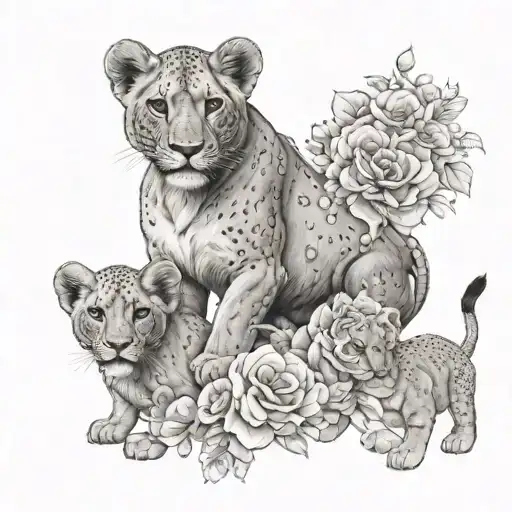 lioness and cubs, princess warrior mother feminine, beautiful, breathtaking, flowers tattoo design idea
