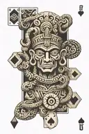 aztec god macuil with 5 playing cards around it and a serpent tattoo design idea