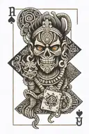 aztec god macuil with 5 playing cards around it and a serpent tattoo design idea