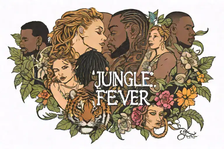 text: Jungle fever, Little skinny white girl, straight wet brown hair, snuggling against four muscular black male tattoo design idea