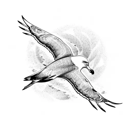 A dotwork tattoo of a seagull flying over a calm ocean at sunset tattoo design idea