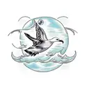 A dotwork tattoo of a seagull flying over a calm ocean at sunset tattoo design idea