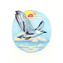 A dotwork tattoo of a seagull flying over a calm ocean at sunset tattoo design idea