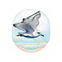 A dotwork tattoo of a seagull flying over a calm ocean at sunset tattoo design idea