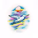 A dotwork tattoo of a seagull flying over a calm ocean at sunset tattoo design idea