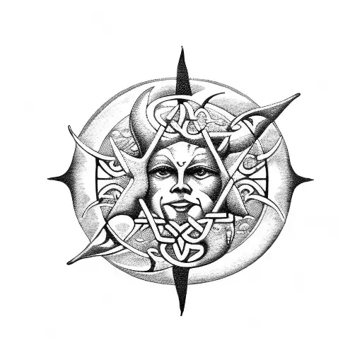 sun, moon, trident of poseidon, celtic triad tattoo design idea