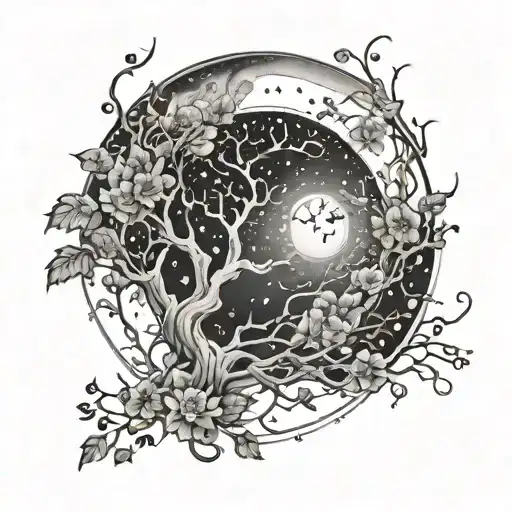 A celestial scene of the night sky with constellations intertwined with vines and flowers, symbolizing the connection between astronomy and nature tattoo design idea