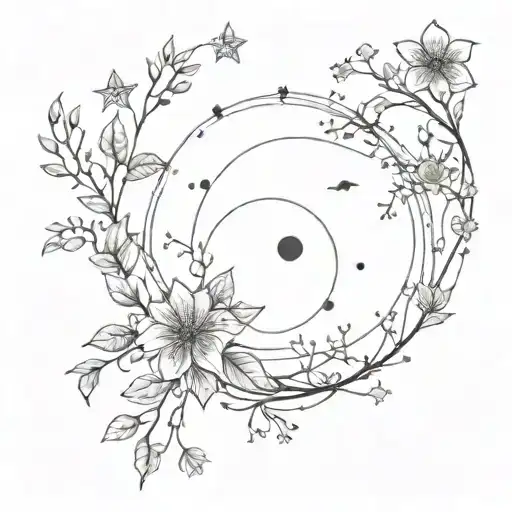 A celestial scene of the night sky with constellations intertwined with vines and flowers, symbolizing the connection between astronomy and nature tattoo design idea