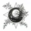 A celestial scene of the night sky with constellations intertwined with vines and flowers, symbolizing the connection between astronomy and nature tattoo design idea