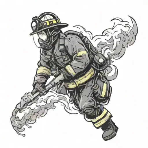 A dynamic and powerful illustration of a firefighter in action, with flames and smoke swirling around them tattoo design idea