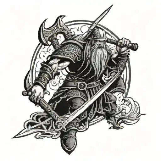 A fierce Viking warrior wielding a sword, spear, and axe in a Scandinavian mythological setting tattoo design idea