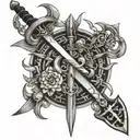 An intricate design featuring a collection of weapons like swords, spears, and bows intertwined with symbols of power and strength tattoo design idea