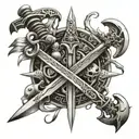 An intricate design featuring a collection of weapons like swords, spears, and bows intertwined with symbols of power and strength tattoo design idea