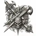 An intricate design featuring a collection of weapons like swords, spears, and bows intertwined with symbols of power and strength tattoo design idea