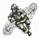 A dynamic and powerful illustration of a firefighter in action, with flames and smoke swirling around them tattoo design idea