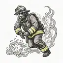 A dynamic and powerful illustration of a firefighter in action, with flames and smoke swirling around them tattoo design idea