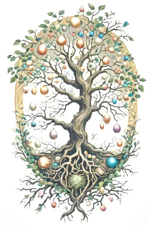 century-old tree of life with long branches and its fruits are pearly pearls. The floor is full of shells tattoo design idea