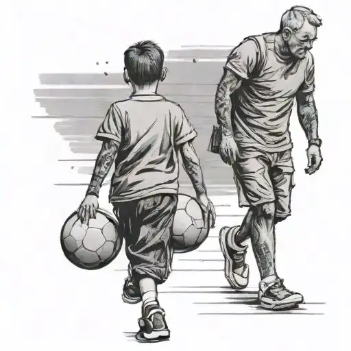a father with his son walking from behind, the son is holding a ball and wearing a football shirt tattoo design idea