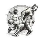 a father with his son walking from behind, the son is holding a ball and wearing a football shirt tattoo design idea