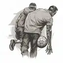 a father with his son walking from behind, the son is holding a ball and wearing a football shirt tattoo design idea