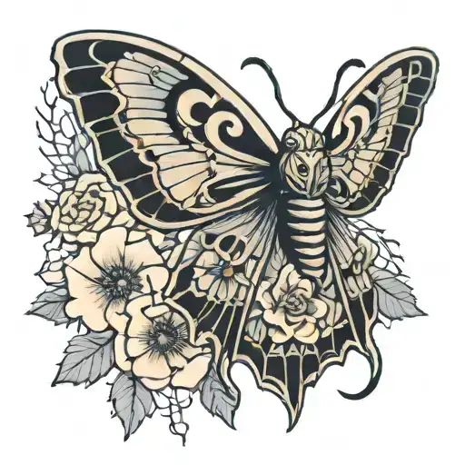 death moth with flowers and spider web tattoo design idea