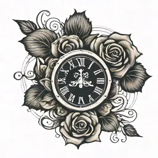 roman numeral clock with a rose on the inside. The name Mary in cursive with geometric shading under the clock.  tattoo design idea
