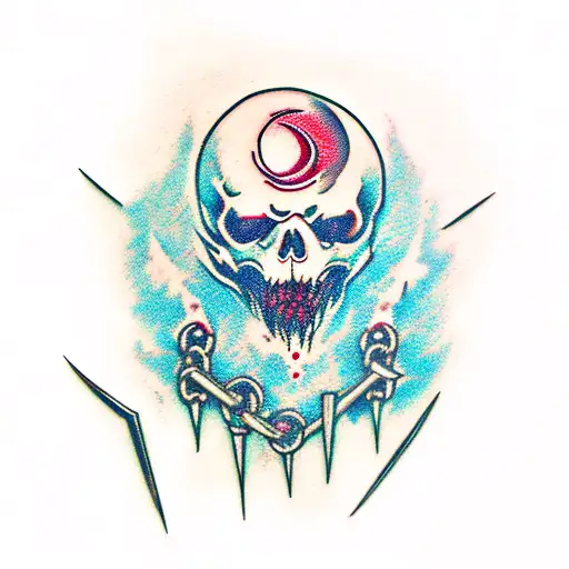 blood moon, saw cleaver, revolver, spiked chains, Bloodborne,  tattoo design idea