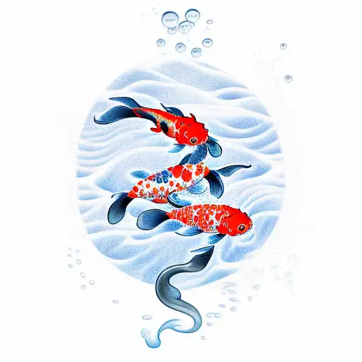 A Japanese koi fish swimming upstream with karate symbols incorporated in the water tattoo design idea