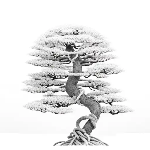 A bonsai tree with intricate rope designs intertwined in the branches, symbolizing the client's occupation as a rope technician tattoo design idea