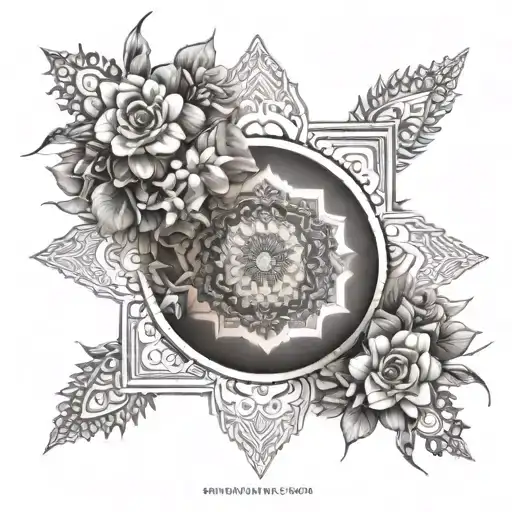 An intricate mandala design incorporating elements of the desert landscape and favorite flowers, symbolizing the eternal cycle of life and memory tattoo design idea