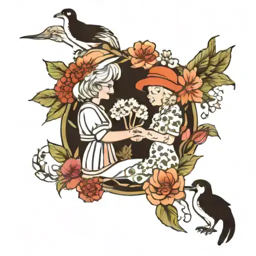 A whimsical design of a grandmother and granddaughter holding hands, surrounded by a garden of desert flowers and animals, representing the eternal bond between generations tattoo design idea