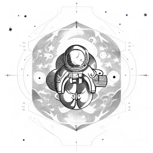 A sketch-style tattoo of an astronaut floating in space with a Sagittarius constellation forming the background, combining the client's fascination with space and their zodiac sign. tattoo design idea