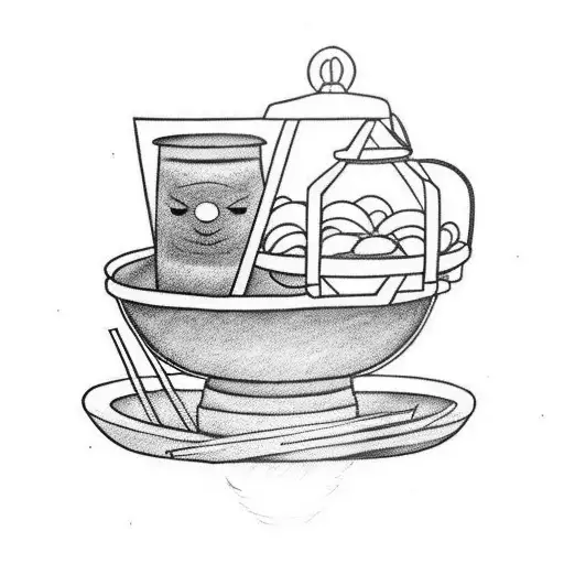 A lantern with a bowl of pho, rice fields that is Vietnamese themed tattoo design idea