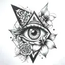 Inner bicep, eye, triangle, flower blooming tattoo design idea