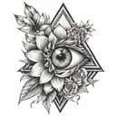 Inner bicep, eye, triangle, flower blooming tattoo design idea