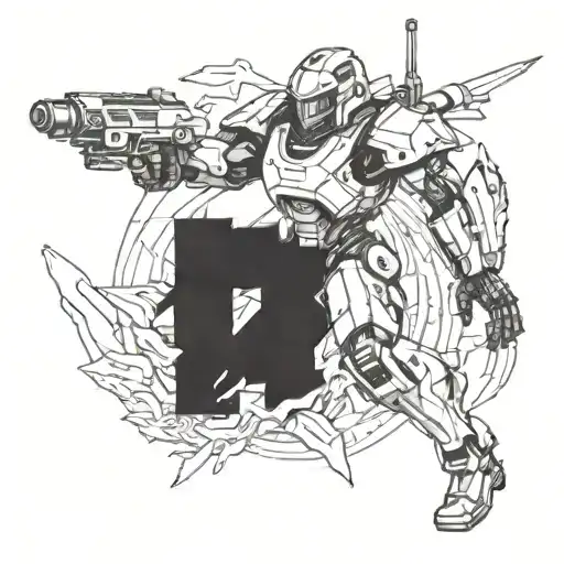 A futuristic anime-inspired mech warrior battling in a post-apocalyptic landscape tattoo design idea