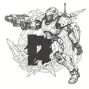 A futuristic anime-inspired mech warrior battling in a post-apocalyptic landscape tattoo design idea