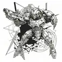 A futuristic anime-inspired mech warrior battling in a post-apocalyptic landscape tattoo design idea