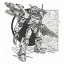 A futuristic anime-inspired mech warrior battling in a post-apocalyptic landscape tattoo design idea