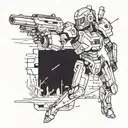 A futuristic anime-inspired mech warrior battling in a post-apocalyptic landscape tattoo design idea