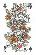 arm sleeve including treaty oak revival, smoke, rivers, playing cards, shotgun tattoo design idea