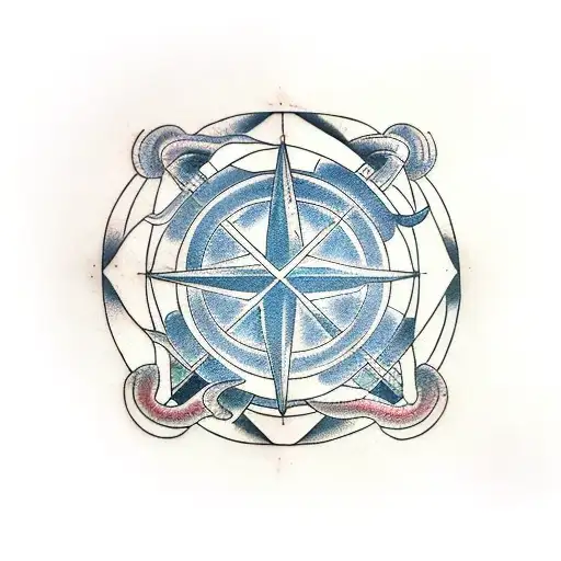 A minimalist tattoo of a geodetic instrument with elements of Japanese, Chinese, and Korean symbols. tattoo design idea