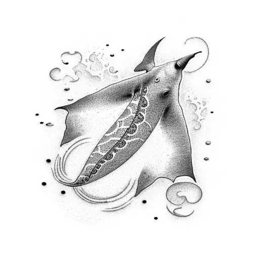A dotwork tattoo showcasing a mesmerizing wave pattern forming the shape of a piano, with tiny manta rays swimming around the keys, representing the client's love for both the ocean and music. tattoo design idea