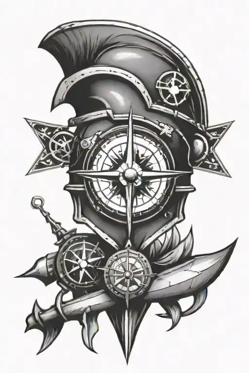 spartan helmet with a compass with spear and airplane  tattoo design idea