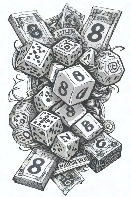 888 going down the middle It is surrounded by 2 dice and 4 dollars bills tattoo design idea