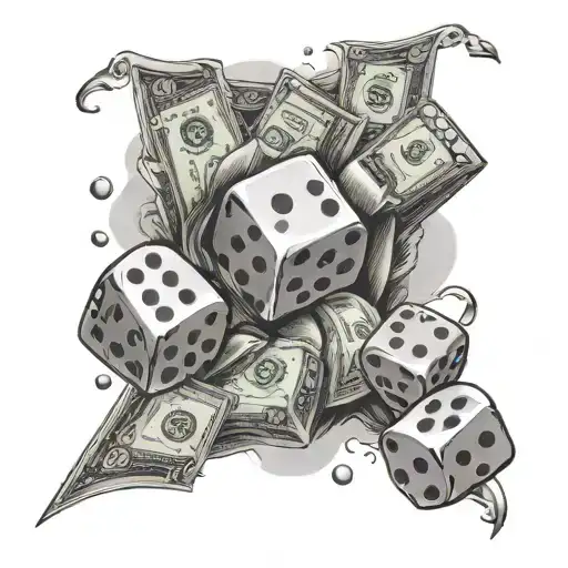 888 going down the middle It is surrounded by 2 dice with 4 dots in each and 3 one dollar bills and 1 five follow bill tattoo design idea