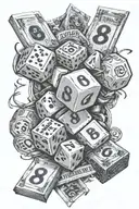 888 going down the middle It is surrounded by 2 dice and 4 dollars bills tattoo design idea