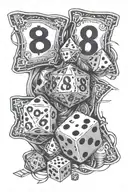 888 going down the middle It is surrounded by 2 dice and 4 dollars bills tattoo design idea