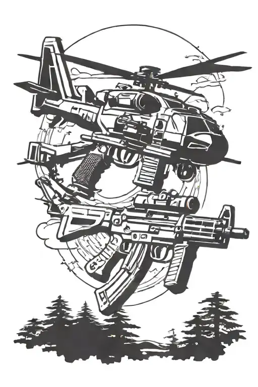 Ak47 gun shooting and helicopter in the sky tattoo design idea