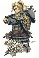 a blonde samurai with Roman style armour with roses on it tattoo design idea